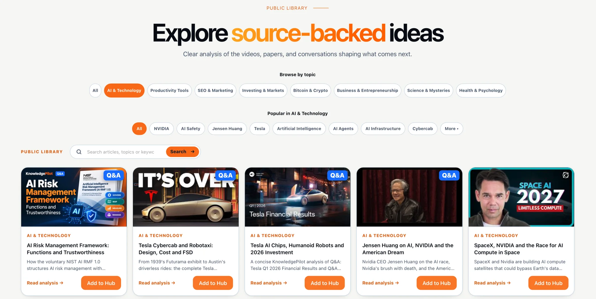KnowledgePilot public Library showing topic filters, search, and source-backed article cards with Add to Hub actions.