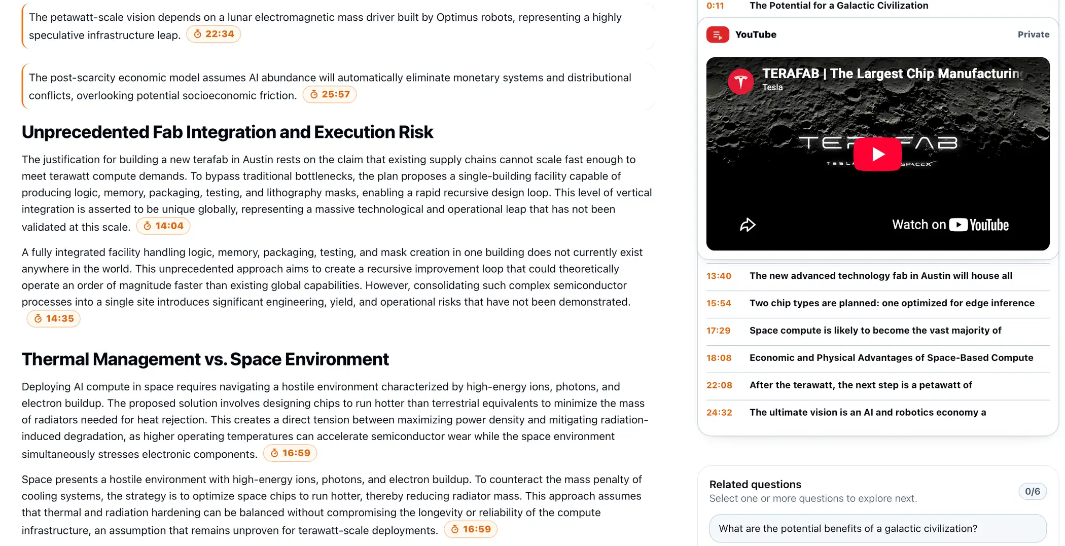 KnowledgePilot YouTube article with numbered timestamp citations beside the source video player.
