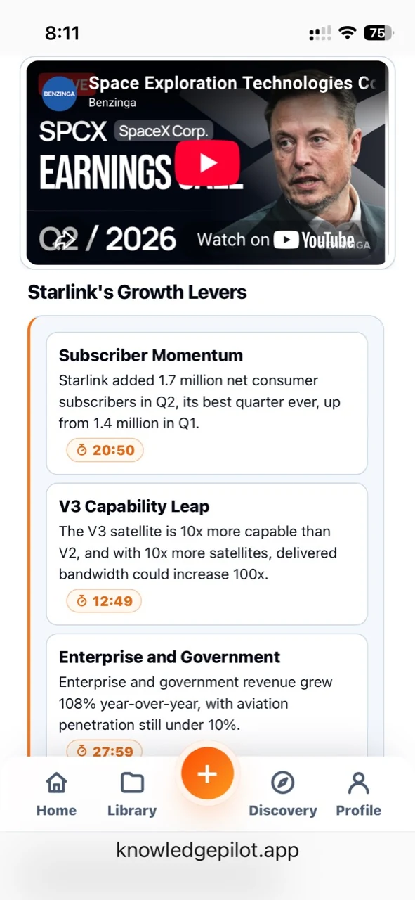 KnowledgePilot mobile YouTube analysis with key takeaways and clickable video timestamps.